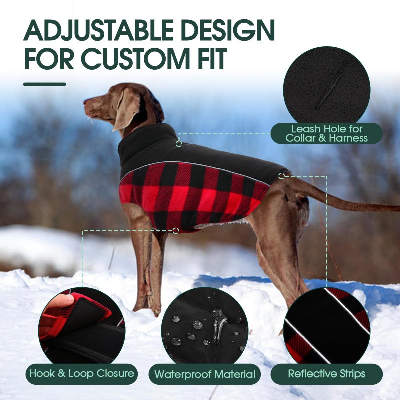 Kuoser Dog Winter Coat, Reversible Waterproof Dog Jacket with Reflective Strip, Warm Dogs Fleece Vest Adjustable Doggy Cold Weather Clothes Plaid Christmas Outfit Pet Apparel for Large Dogs, Red L - Image 4